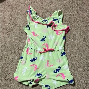 🔥3 for $10 -Kids Lime Green Romper with Seahorse Print